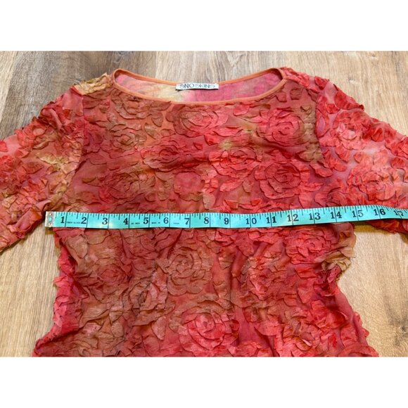 Vintage Snoskins Textured Floral Red & Gold Sheer 3D Top M - Picture 5 of 6